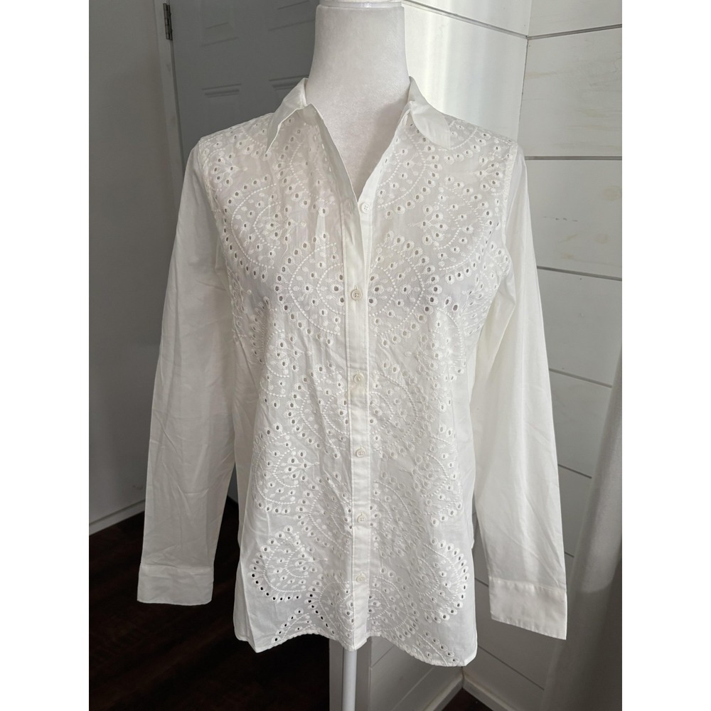 Outerknown Shirt Womens Small White‎ Eyelet Lace Button Down Organic Cotton